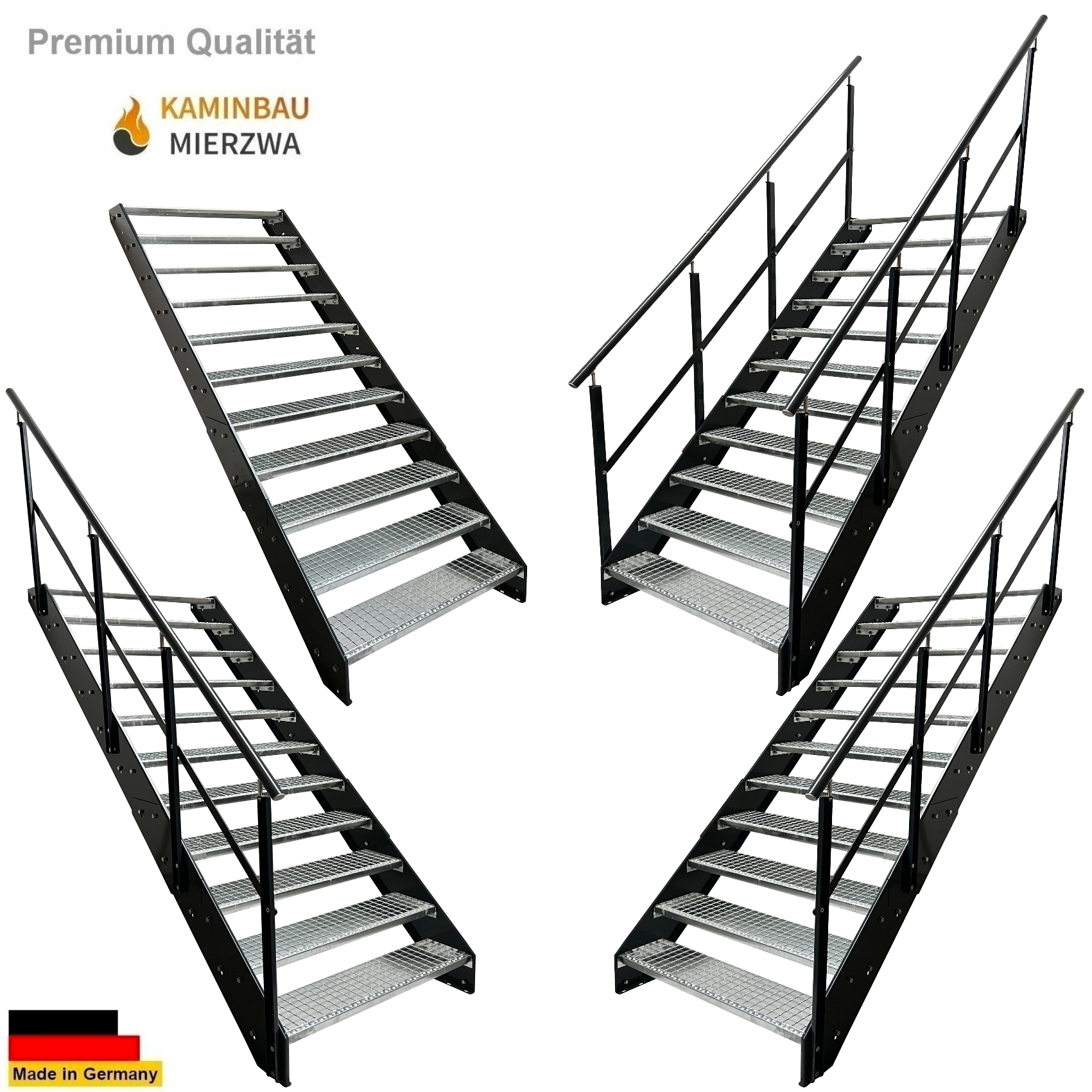 Straight staircase with handrail, 11 steps. Stringers and handrail powder-coated. H: 209 cm Straight staircase with handrail, 11 steps. Stringers and handrail powder-coated. H: 209 cm