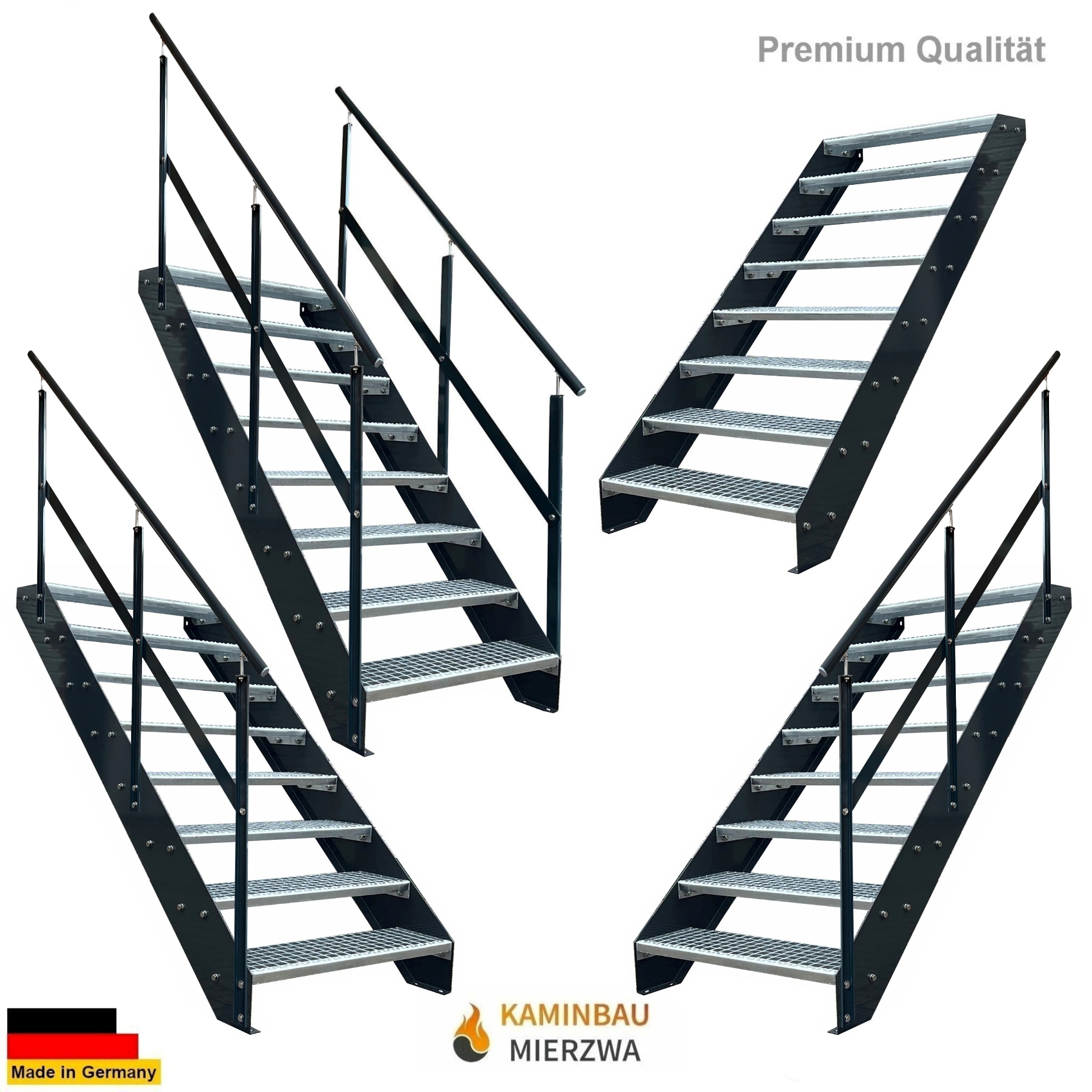 Straight staircase with handrail, 8 stringers. Stringers and handrail powder-coated. H: 152 cm Straight staircase with handrail, 8 stringers. Stringers and handrail powder-coated. H: 152 cm