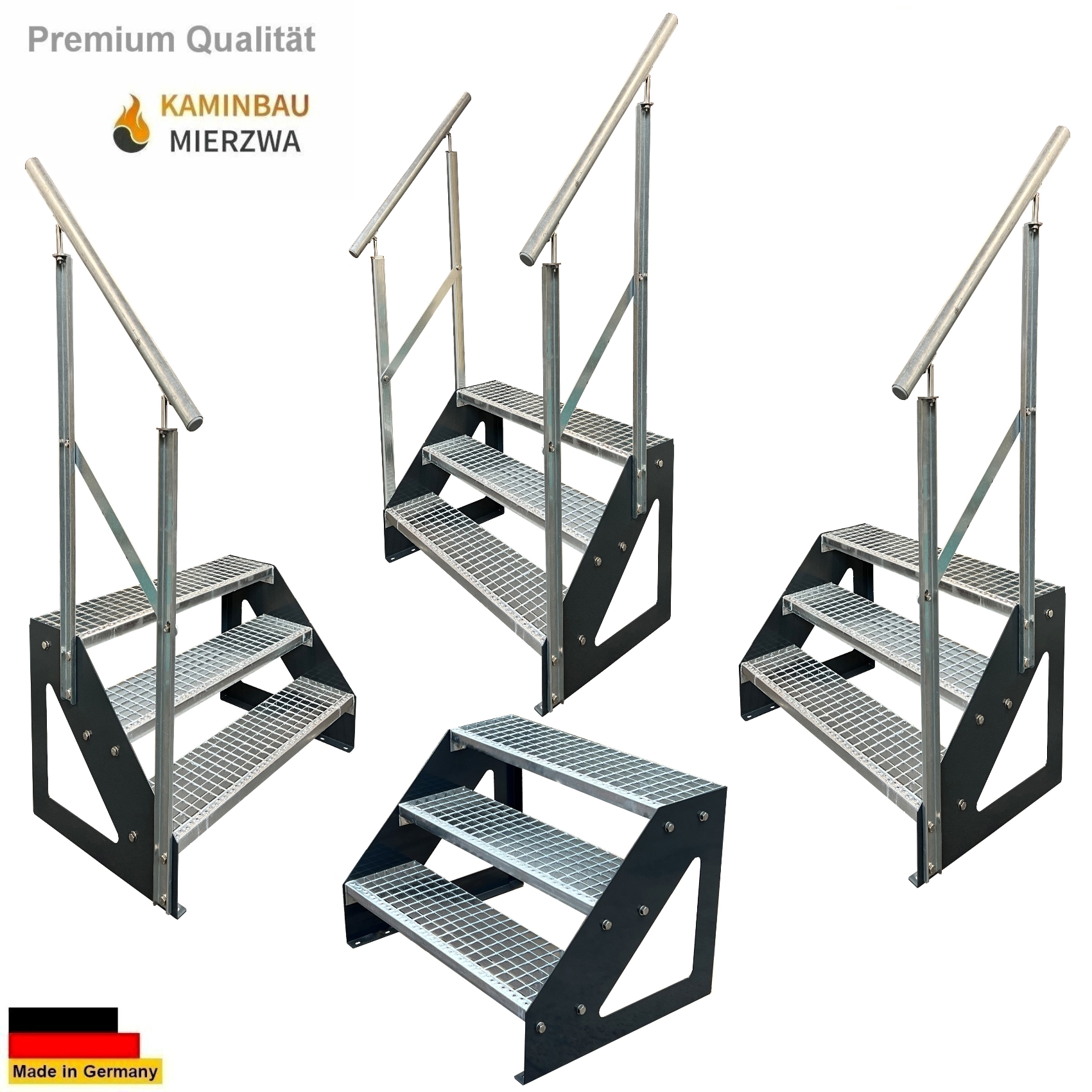 Außen Stahltreppe Freistehend Geländer 3 Stufen 57cm Verzinkt & Wangen Pulverlackiert Außen Stahltreppe Freistehend Geländer 3 Stufen 57cm Verzinkt & Wangen Pulverlackiert