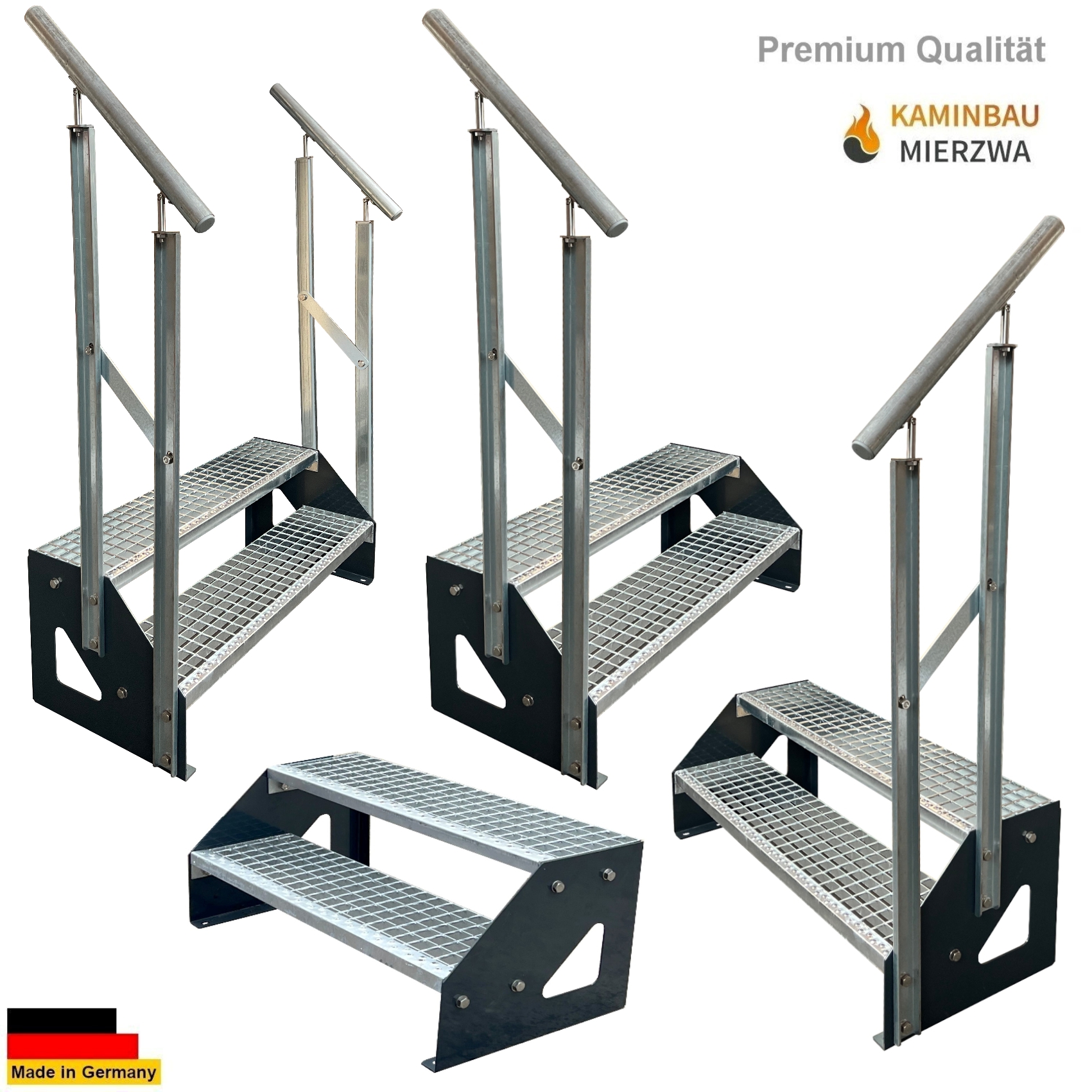 Outdoor steel staircase, freestanding, with handrail, 2 steps, 38 cm, galvanised & stringers powder-coated Outdoor steel staircase, freestanding, with handrail, 2 steps, 38 cm, galvanised & stringers powder-coated