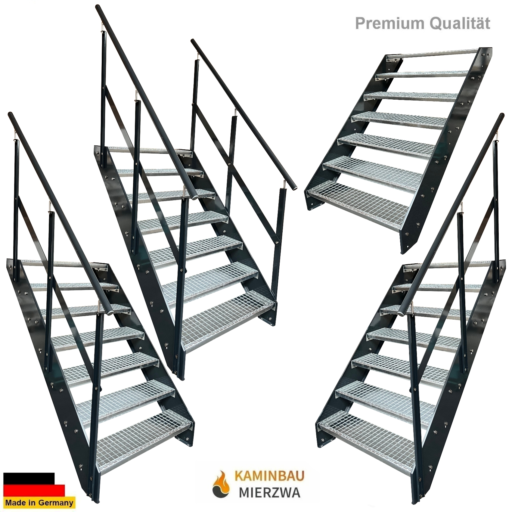 Straight staircase with handrail, 7 steps. Stringers and handrail powder-coated. H: 133 cm Straight staircase with handrail, 7 steps. Stringers and handrail powder-coated. H: 133 cm