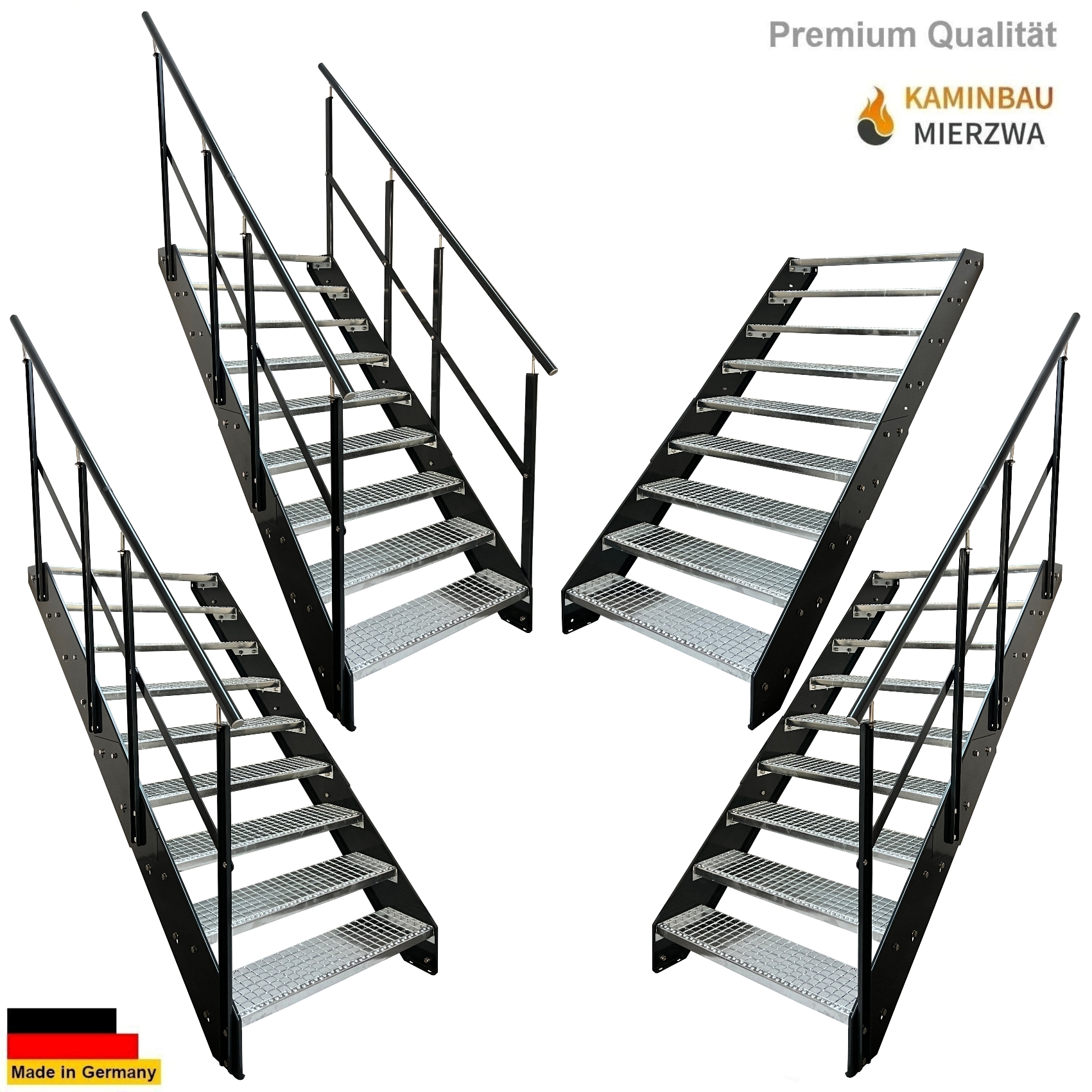 Straight staircase with handrail, 9 steps. Stringers and handrail powder-coated. H: 171 cm Straight staircase with handrail, 9 steps. Stringers and handrail powder-coated. H: 171 cm