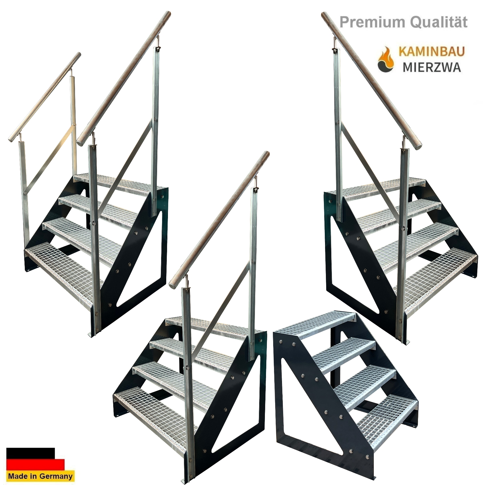 Outdoor steel staircase, freestanding, with handrail, 4 steps, 76 cm, galvanised & stringers powder-coated Outdoor steel staircase, freestanding, with handrail, 4 steps, 76 cm, galvanised & stringers powder-coated
