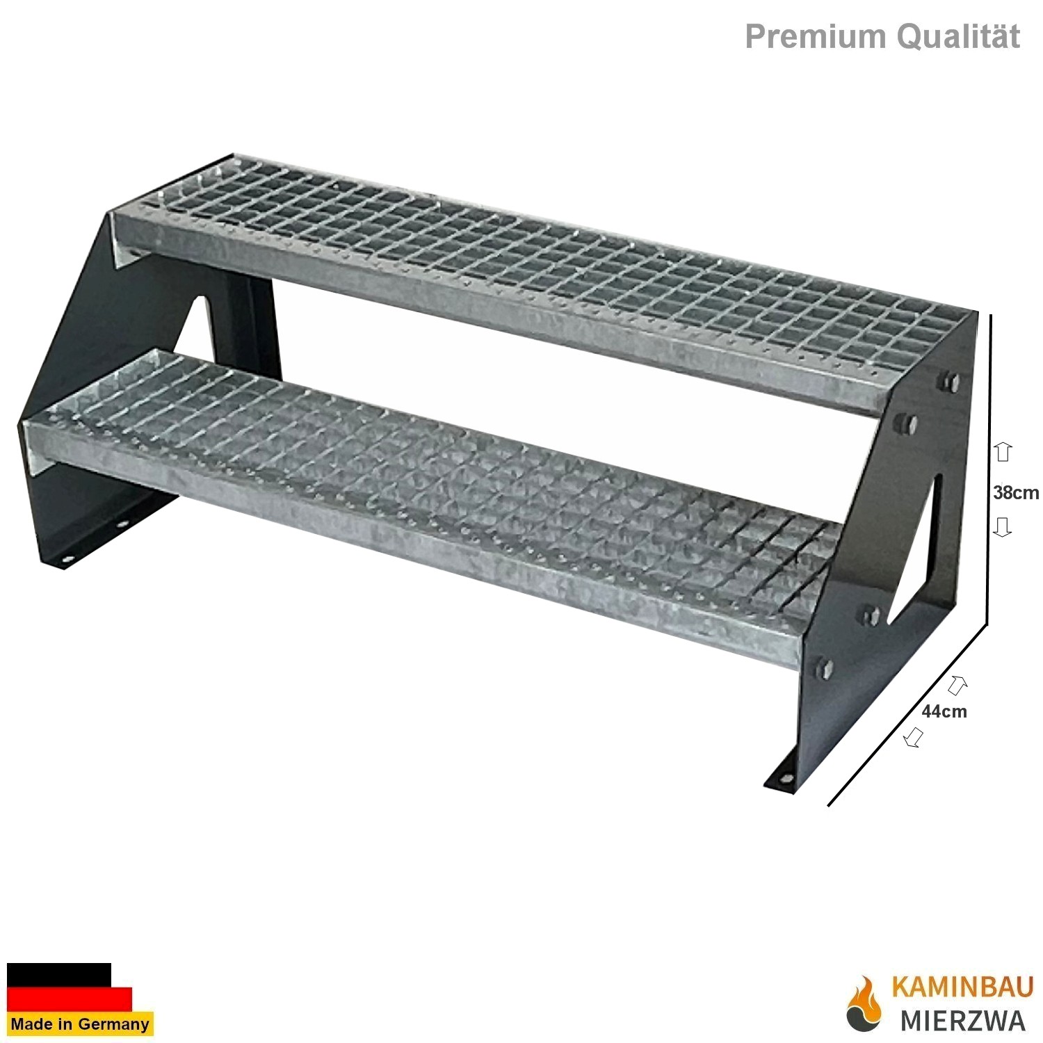 Außen Stahltreppe Freistehend 2 Stufen 38cm Verzinkt & Wangen Pulverlackiert Außen Stahltreppe Freistehend 2 Stufen 38cm Verzinkt & Wangen Pulverlackiert